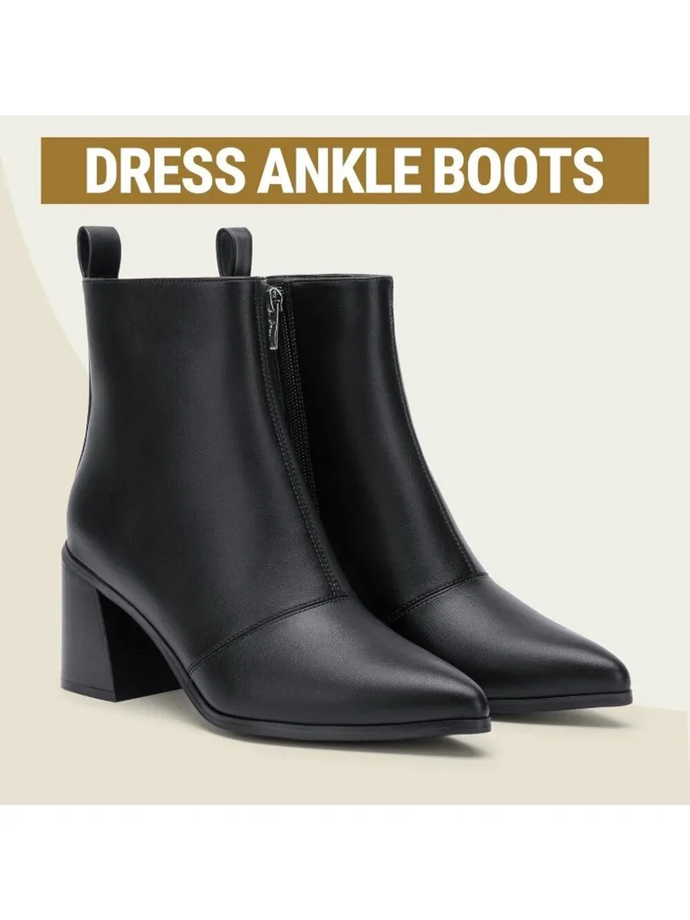 Women’s Black Pointed Toe Ankle Boots Chunky Block Heel Booties With Zipper
